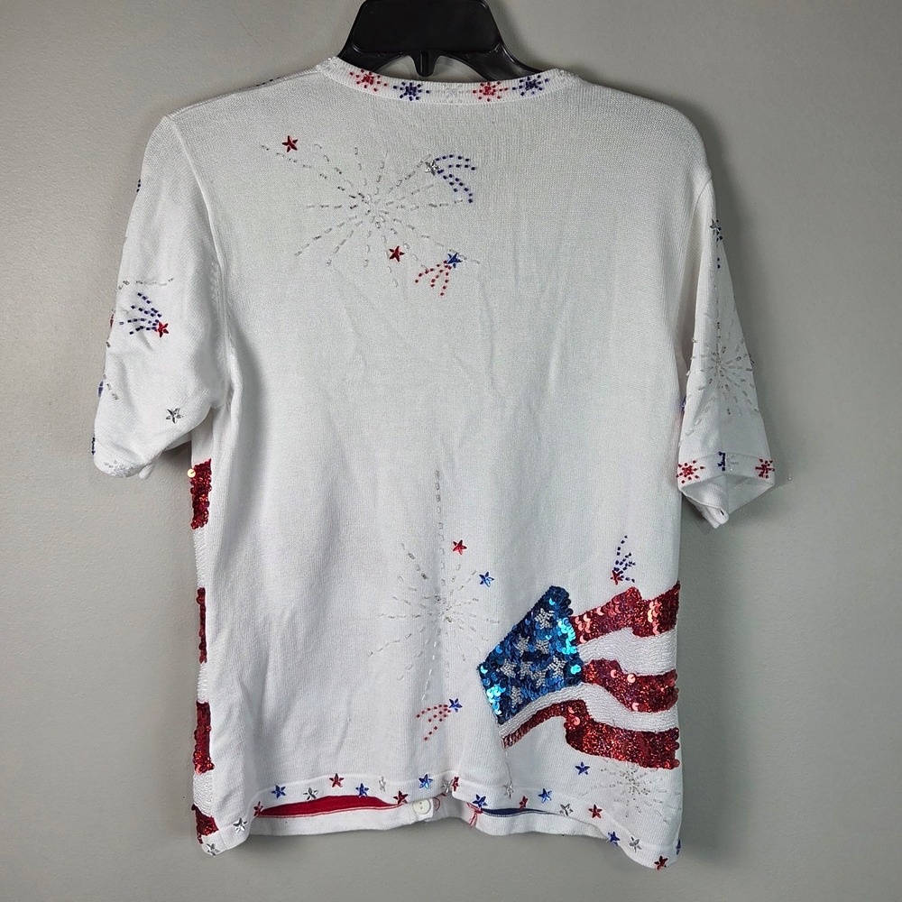 Berek Cardigan Women Size M White Good Patriotic Sequin American Flag Fireworks - Picture 3 of 8